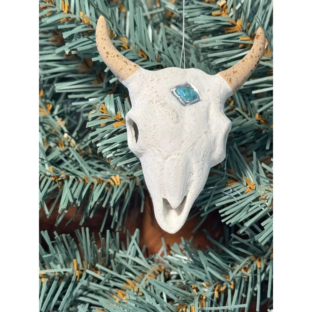 Vintage Santa Fe Steer Skull Ornament White Turquoise Southwestern Rustic